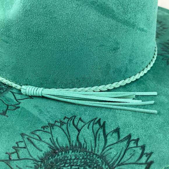 Emerald Green Faux Suede Hand Burned Wide Flat Brim Hat Sunflowers ADJUSTABLE SZ - Picture 8 of 16